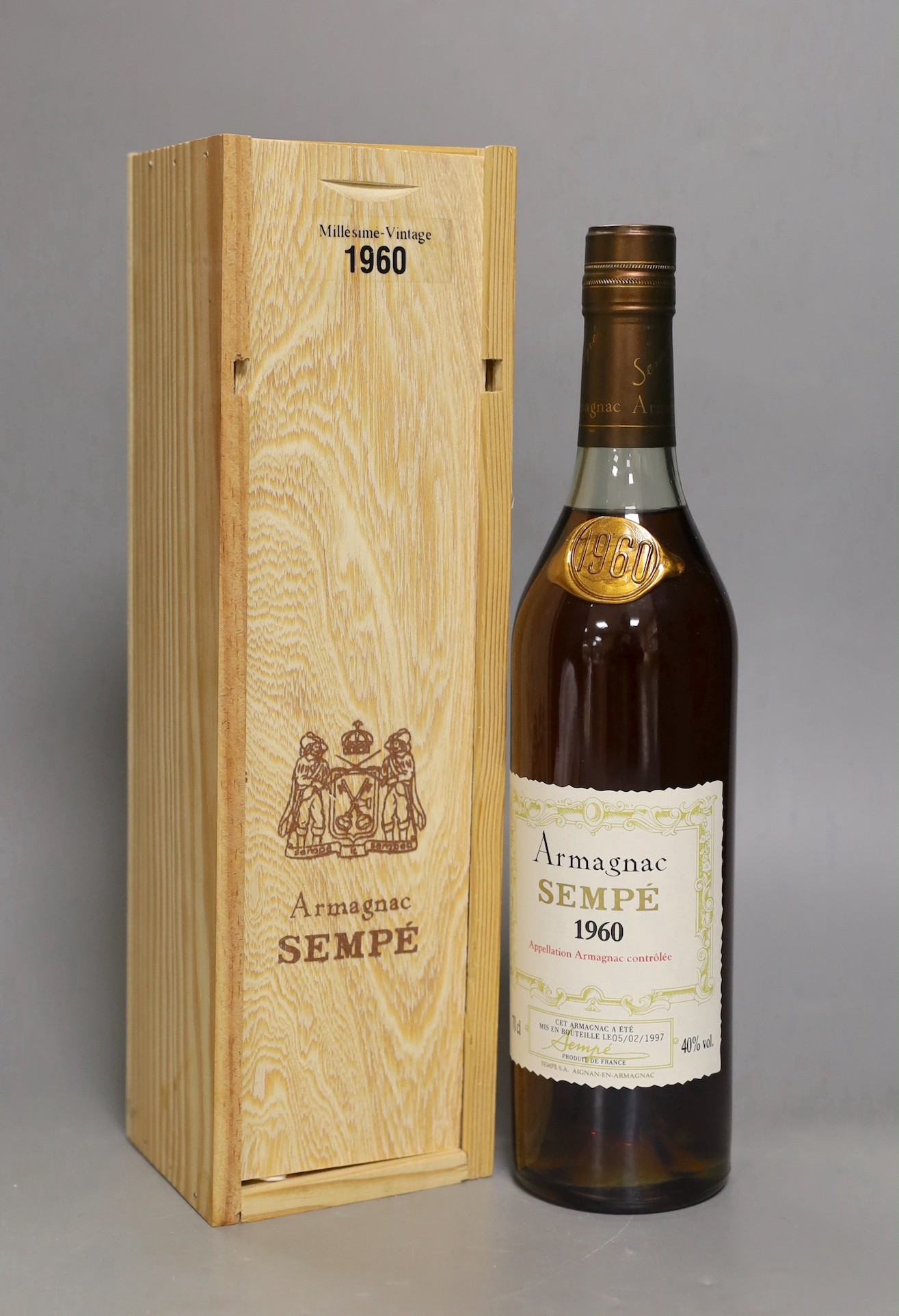 One bottle of Sempe Vintage Armagnac - bottled 1997 in wooden case, 1960